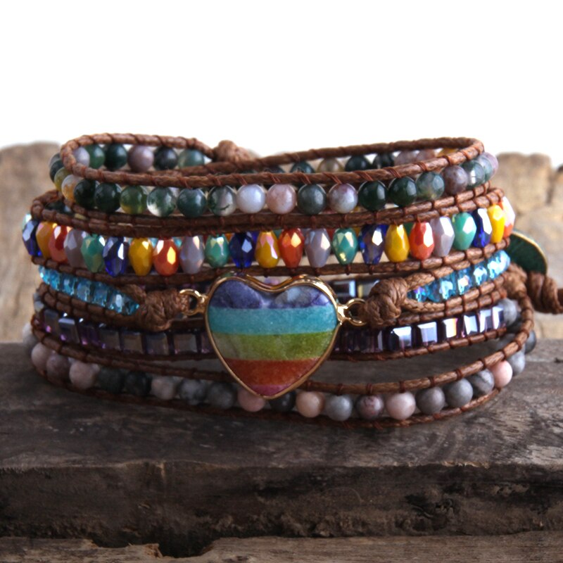 RH Bohemian Jewelry Women Vegan Boho Bracelet Mixed Natural Stones Heart Charm 5 Strands Wrap Bracelets