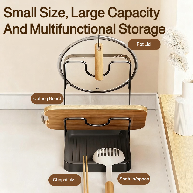 Kitchen Pot Lid Rack with Drainage Tray, Multi-functional Countertop Cutting Board Storage Rack, Space-Saving Easy to Clean