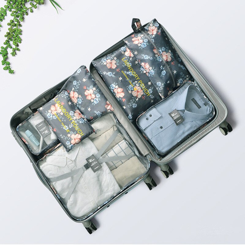 7 pçs/set organizador de viagem roupas kit acabamento partição portátil bolsa saco cosméticos sacos armazenamento acessórios viagem para casa: Dark gray flower