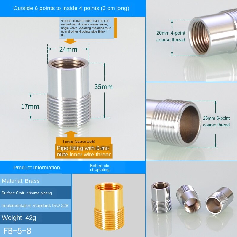 Wasserhahn-Adapter, passend für Wasserreiniger, M20/22/24, Außendraht, feiner Zahn-zu-Innendraht, 1/2 Zoll dicker Zahn, Kupfer