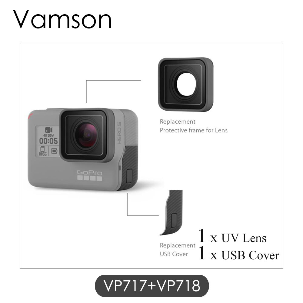 Vamson pour Go pro accessoires UV protection lentille remplacement USB HDMI Port couverture latérale pour Gopro Hero 7 6 5 Sport caméra VP717: VP717-VP718