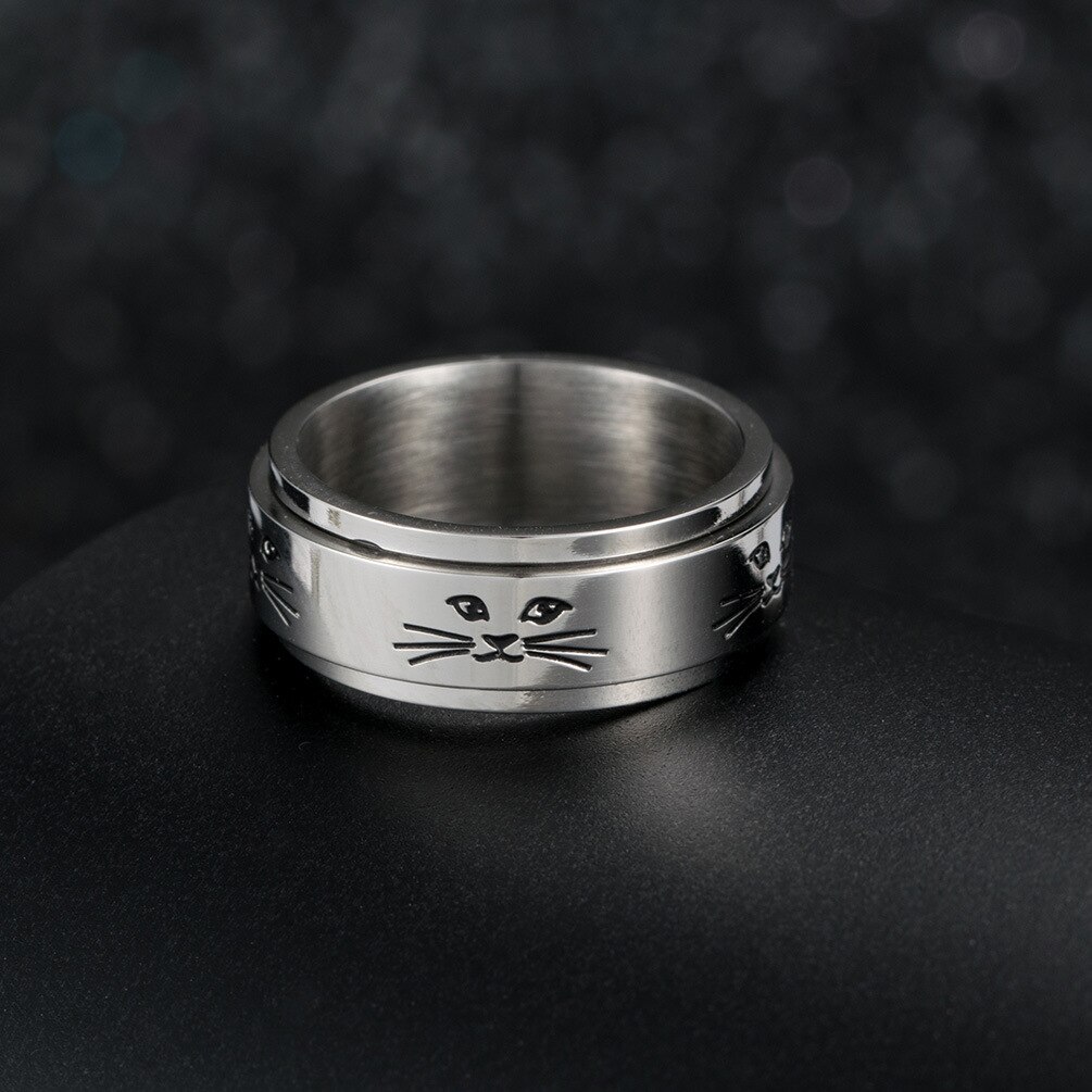 Cat Ring for Women and Men Stainless Steel Spinner Rotatable Animal Love 8MM Rings Trendy Charm Jewelry US Size 6-11