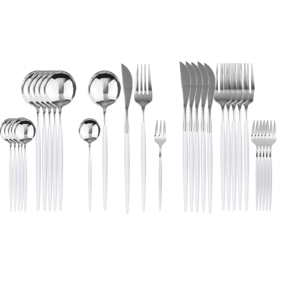 JANKNG – service de vaisselle noire, 30 pièces, fourchette à gâteau aux fruits, couteau en acier inoxydable, argenterie, couverts miroirs, service de table: White Silver