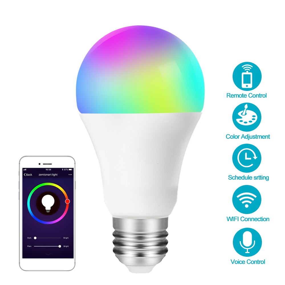 E27 wifi smart pære dæmpbar flerfarvet vækkelys rgbww led-lampe kompatibel med alexa og google assistent