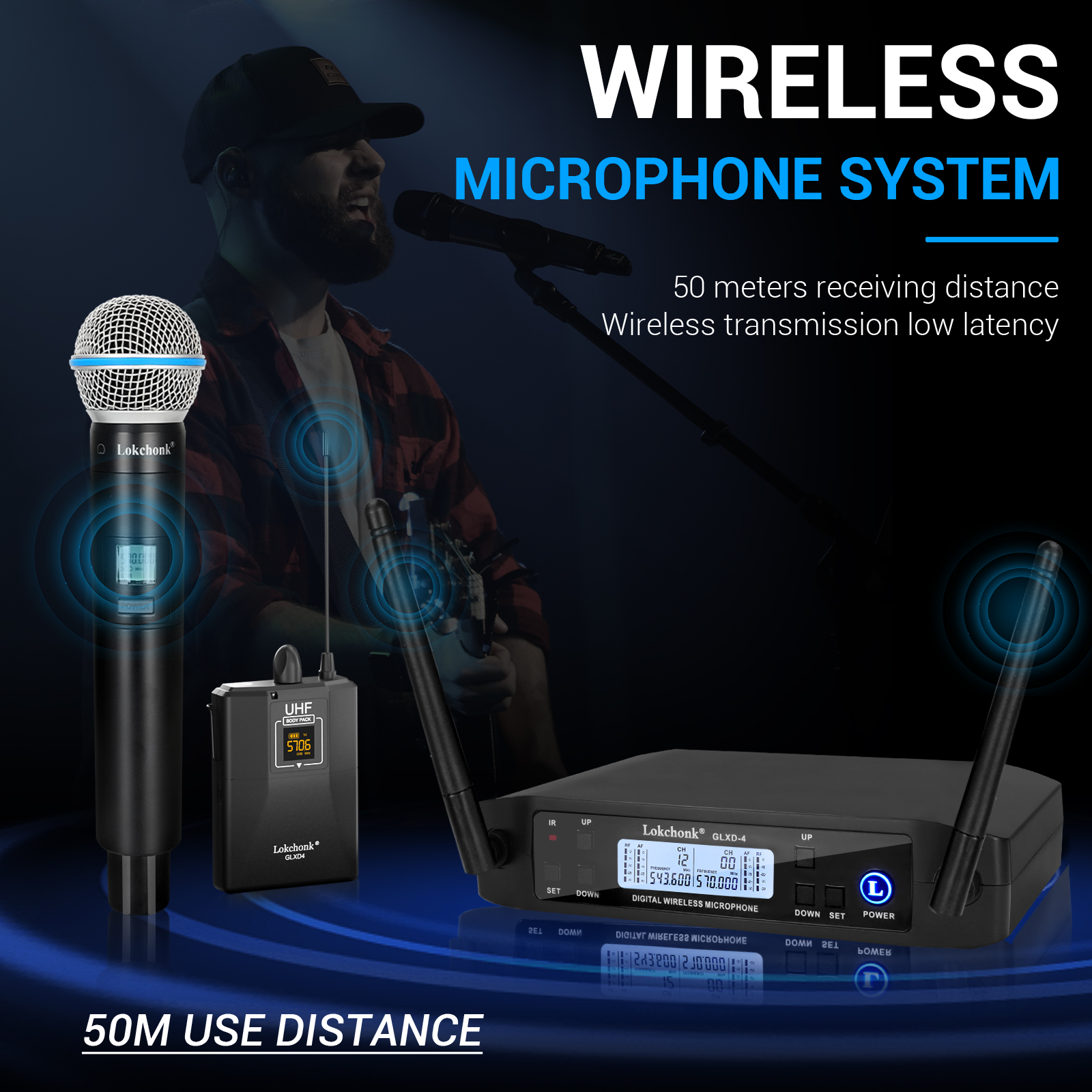 GLXD4 BETA58 MICRÓFONO INALÁMBRICO Dual , sistema de karaoke para el hogar, actuaciones de escenario, UHF dinámico, 2 canales de mano