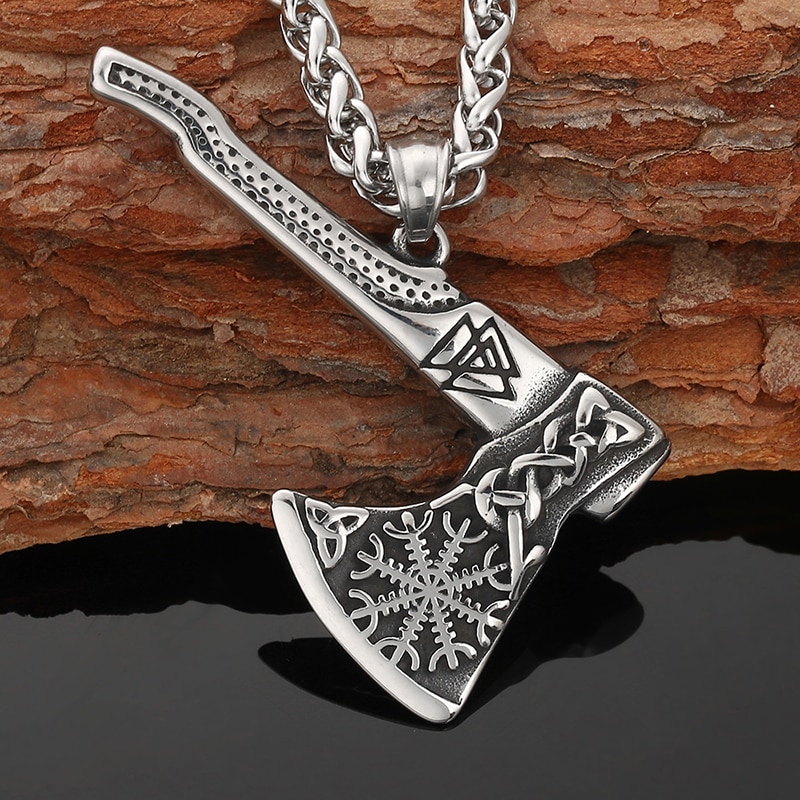 [316 Stainless Steel] Nordic Double-sided Viking Tomahawk Odin Triangle Guardian Awe Helmet Men&#39;s and Women&#39;s Pendant Necklace