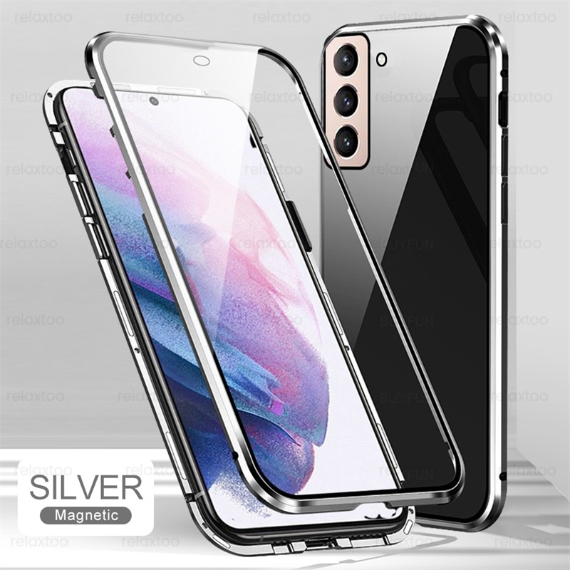 Samung S22 Ultra 360 ° dwustronne szkło hartowane Matel zderzak pełna osłona ochronna do Samsung Galaxy S22 Ultra Magnet Flip Coque: S22 Pro / siliver-02