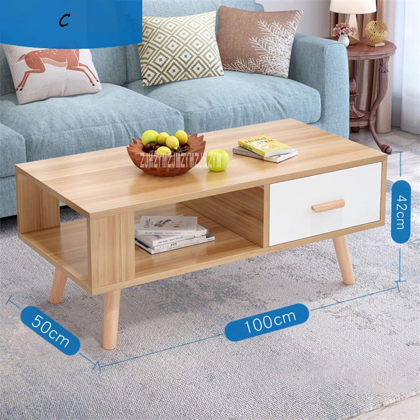 BO-003 Minimalist Modernity Living Room Tea Table Rectangular Side Table 1-Drawer Modern Teapoy Solid Wooden Leg Coffee Table: C