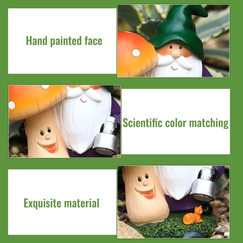 Garden Gnome Statue Outdoor Gnome Holding Mushroom Figurine Built-in Solar Light