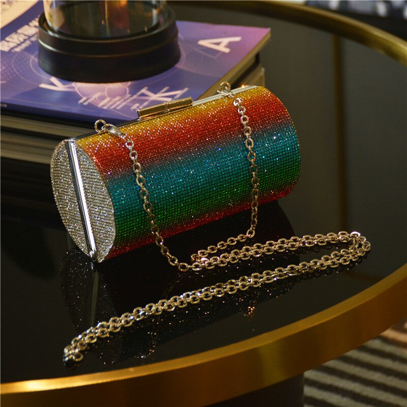 Grensoverschrijdende Exclusief Voor Rainbow Strass Avondtasje Over-De-Schoudertas Vrouwen Kleur Diamant Set cilinder S