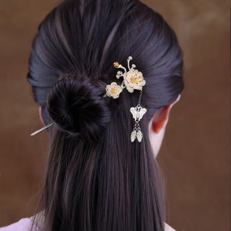 Horquilla de Plata de Ley 925 para el cabello, accesorios para el cabello con flor de peonía para mujer, diadema con colgante de mariposa, joyería