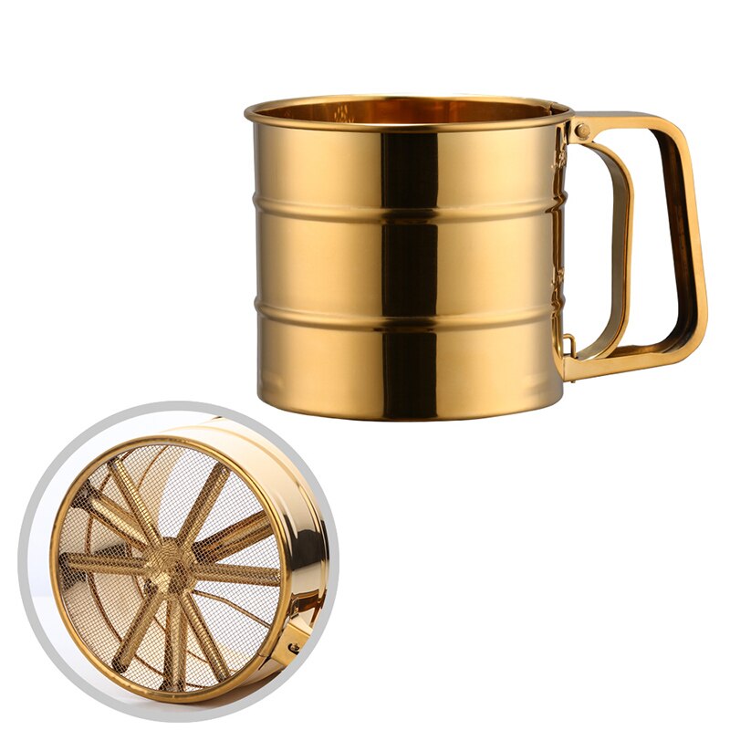 Goldene Manuelle Edelstahl Mehl Sieb Backen Gebäck Werkzeuge haltbar Backformen Zucker Shaker metall Gittergewebe Sieb tasse Küche Gerät: Gold