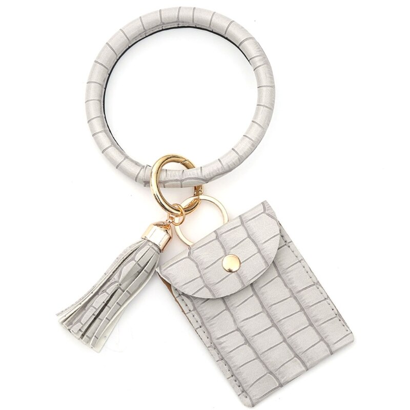 H3CB Sleutelhanger Armband Polsbandje Bangle Key Kaarthouder Grote Ronde Sleutelhanger Lederen Kwastje Voor Vrouwen Meisjes Met Portemonnee: GRAY
