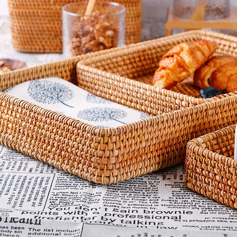 Handmade Rattan Basket Rattan Storage Box Snack Bread Fruit Food Breakfast Desktop Display Tray Dessert Tray Plant Basket