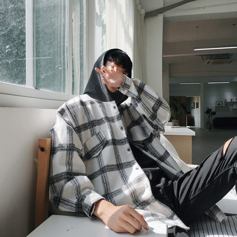 Overshirt herr höst ledig lös långärmad huva yllejacka kläder streetwear manlig rutig skjorta ytterkläder man