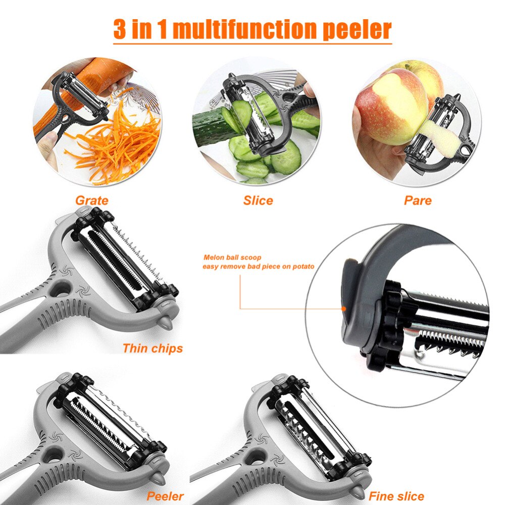 3 In 1 Fruit Vegetable Peeler 360 Degree Rotary Carrot Potato Peeler Kitchen Vegetable Knife Fruit Turnip Slicer Cutter