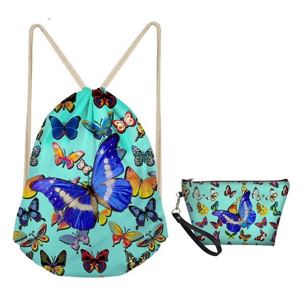 Mozoeyu 3d vlinder trekkoord rugzak make-up tas set 2 stuks dames reisaccessoires lichtgewicht schoudertassen: Cc3053 z 3 z 8