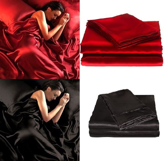 Drap-housse en Satin de soie doux pour lit QUEEN size, Set de literie de luxe rouge noir, 105g/m2, 4 pièces