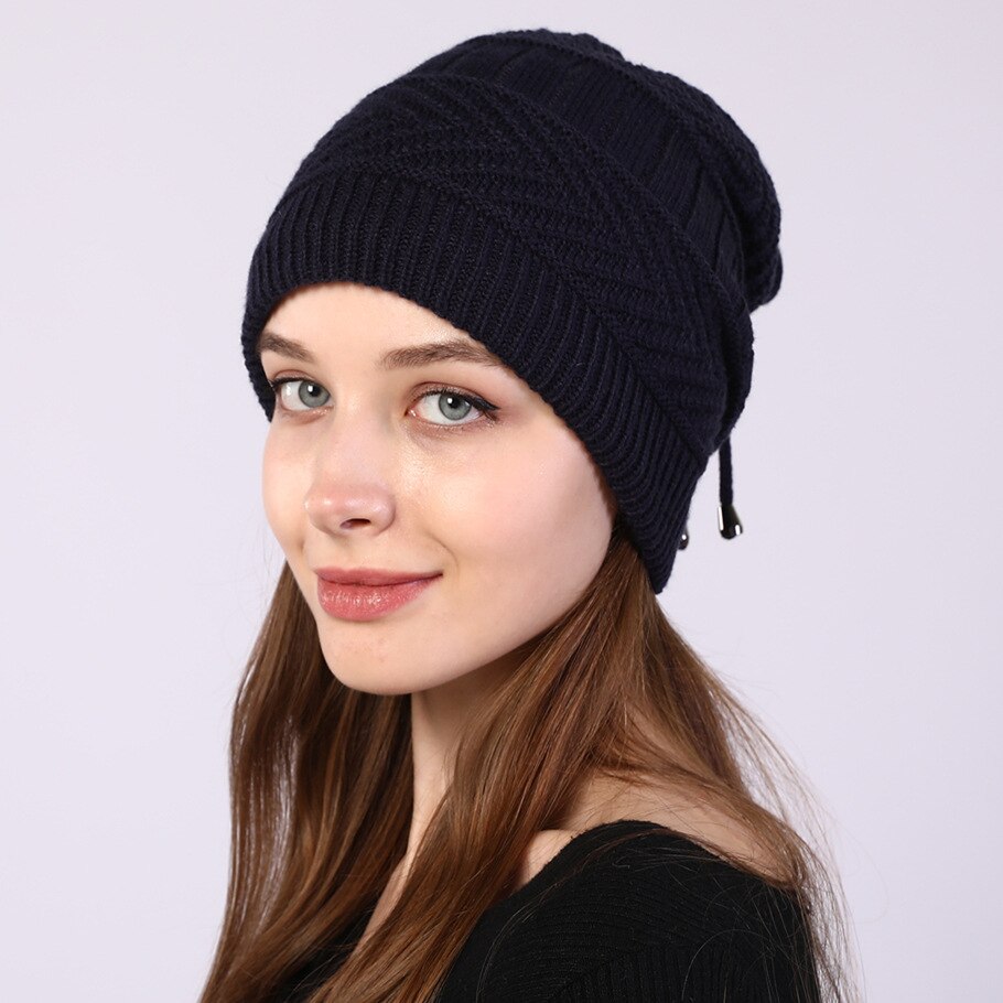 Gorros elásticos de punto para mujer, gorro liso, bufanda, gorrito cálido, gorro para mujer, otoño e invierno, novedad de: Navy Blue