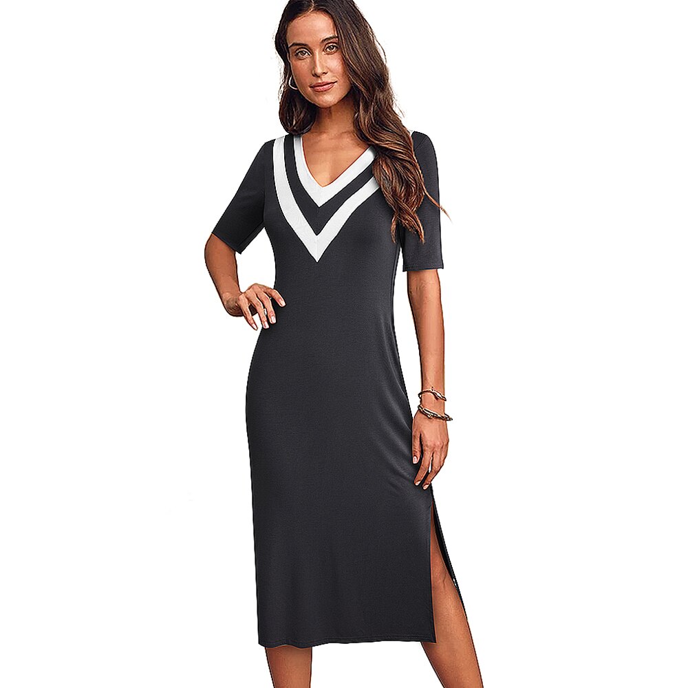 Women Black Stand Collar Striped Knit Straight Dress Summer main image 0
