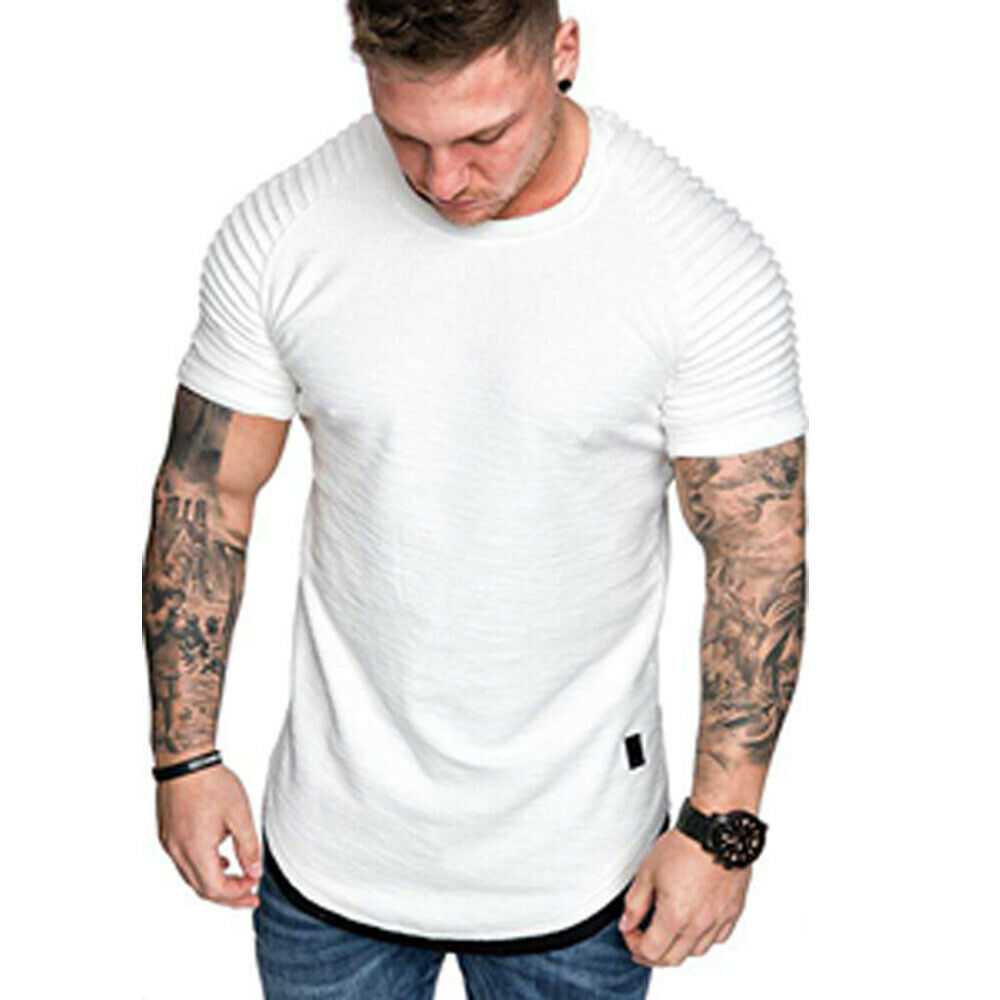 Men's T-Shirts Pleated Wrinkled Slim Fit O Neck Short Sleeve Muscle Solid Casual Tops Shirts Summer Basic Tee: white / XXL