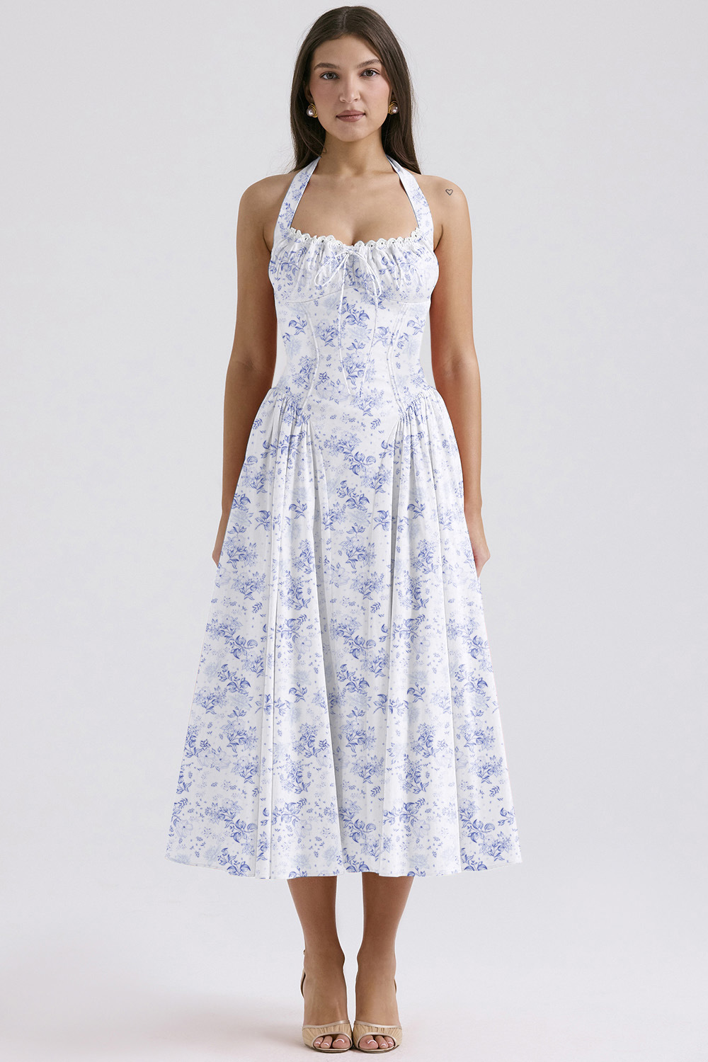 Vintage blomstret halterneck midi sommerkjole dame højtaljet pink blå sort rød kjole sommerkjoler kvinde fødselsdagskåbe