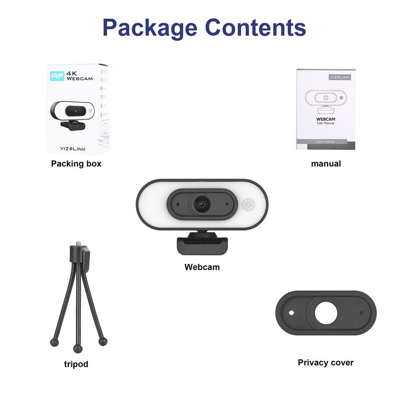 VizoLink 4K Webcam For Computer Pixels Wide Angle Web Camera 3 Grades Brightness Camera with Microphones Tripod Video Conference