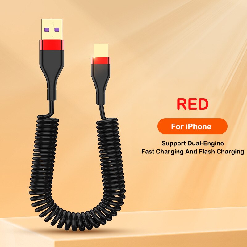 ha45 5a hurtiglading usb type c mikrofjær uttrekkbare mobiltelefonkabler til eple ios 13 mobiltelefoner ladertilbehør: Rød
