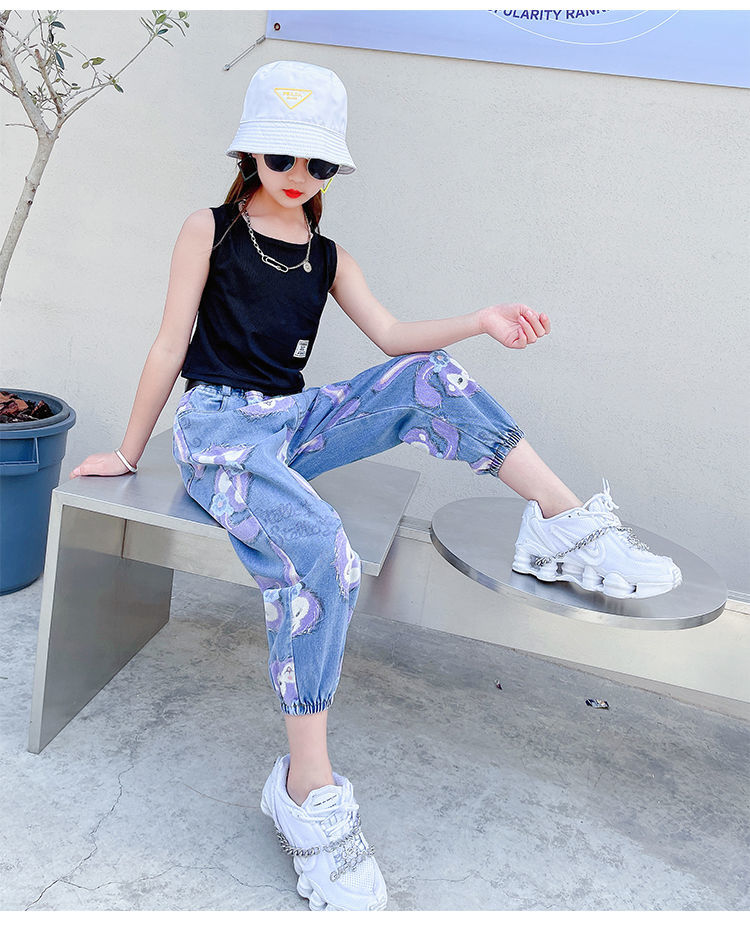 Teenage Girls Cartoon Jeans Children Elastic Waist Denim Pants Kids Girls Trousers jeans Clothes 6 8 10 12 14