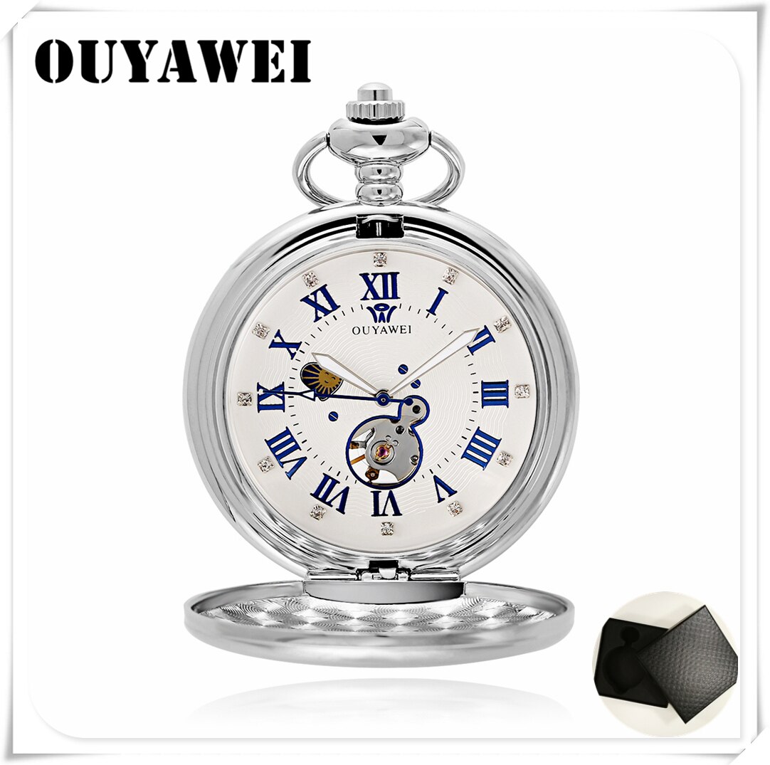 OUYAWEI Luxury Golden Moon Phase Mechanical Pocket Watch Roman Number Tourbillon Dial Pendant Chain Men Women: Silver White-Box