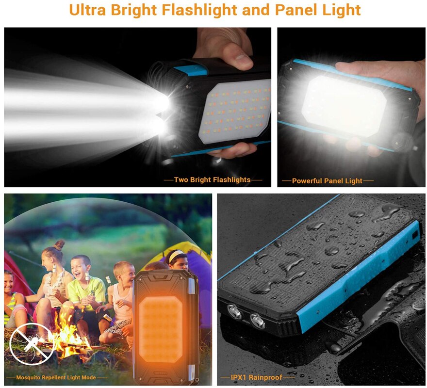 Solar Charger 26800mAh PD Portable Power Bank 5 Panels 7.5W High Efficiency With Ultra Bright 60-LED Panel Light and Flashlight