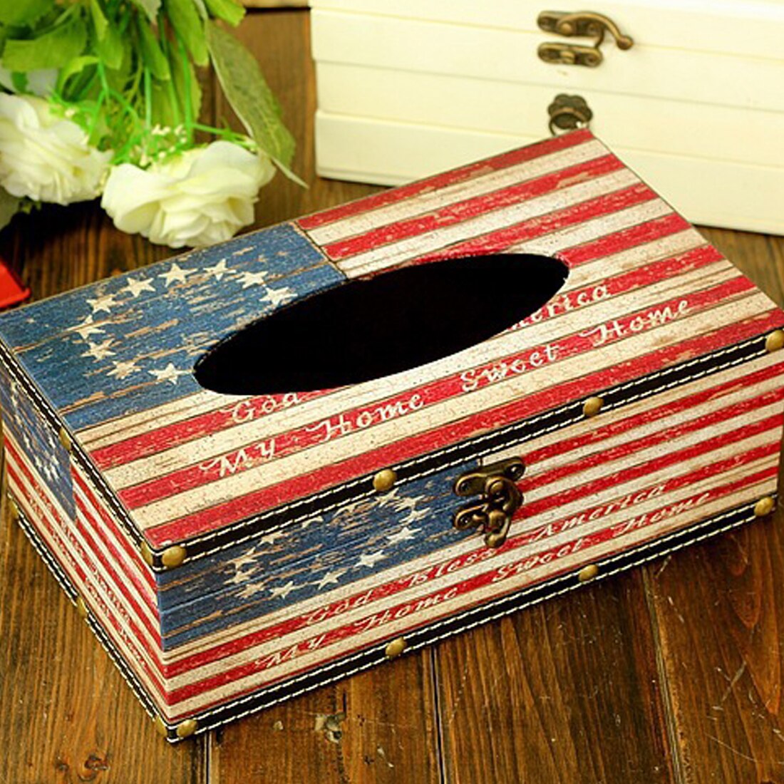 Retro Amerikaanse Vlag Patroon Thuis Auto Lederen Tissue Doos Pu Case Papier Container Servet Papieren Handdoek PAK55