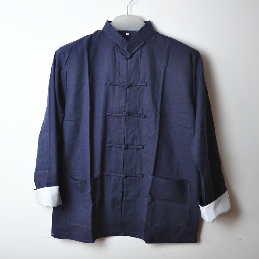 Katoen Linnen Chinese Traditionele Kostuums Tang Pak Voor Mannen Retro Vintage Jasje Shirt Knoop Knop Mandarijn Kraag Tops Outfits: Blue / XXL
