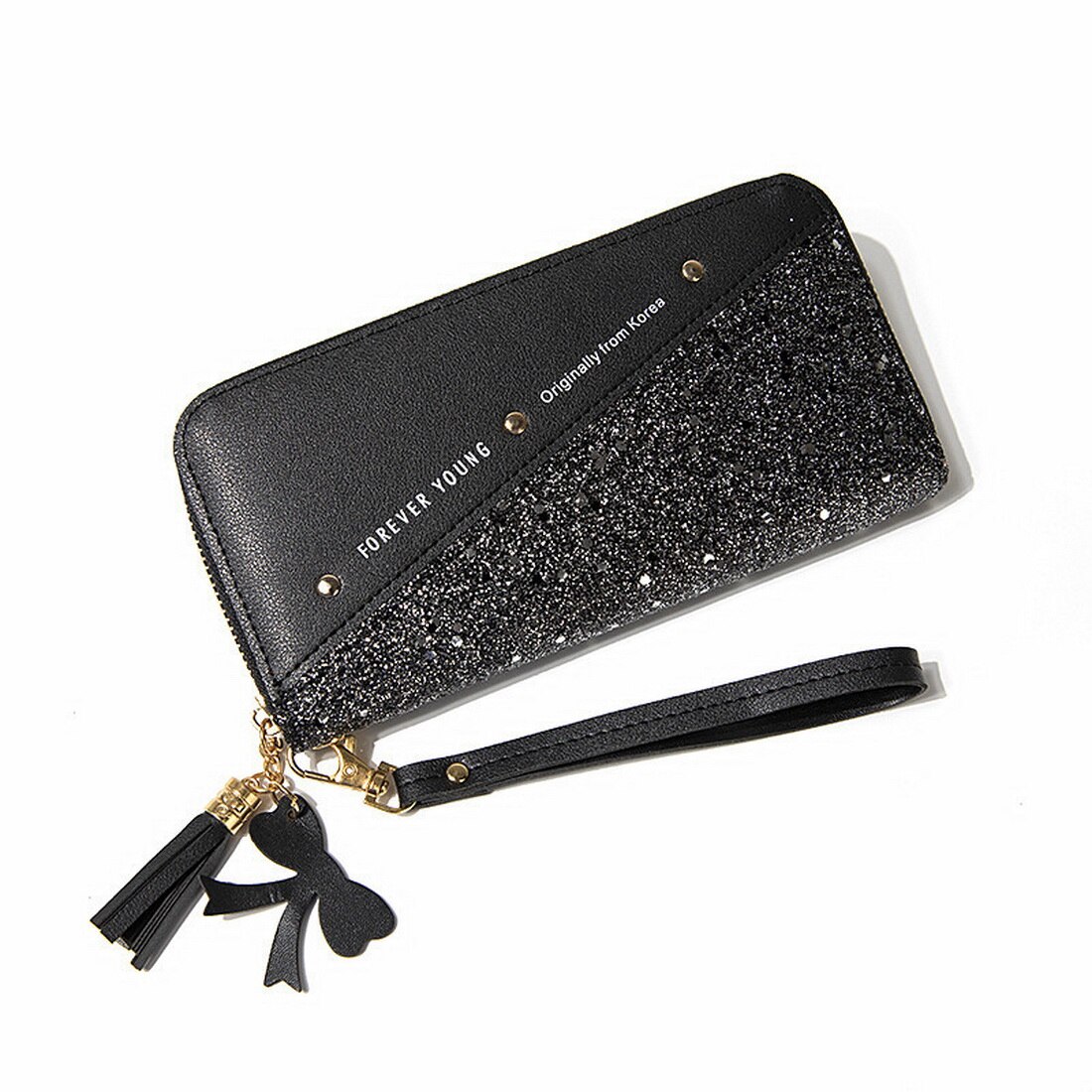 Women Sequined Patchwork Glitter Wallet for Women Long PU Leather Cards Wallet Coin Purse Female Wallets Girls: Black