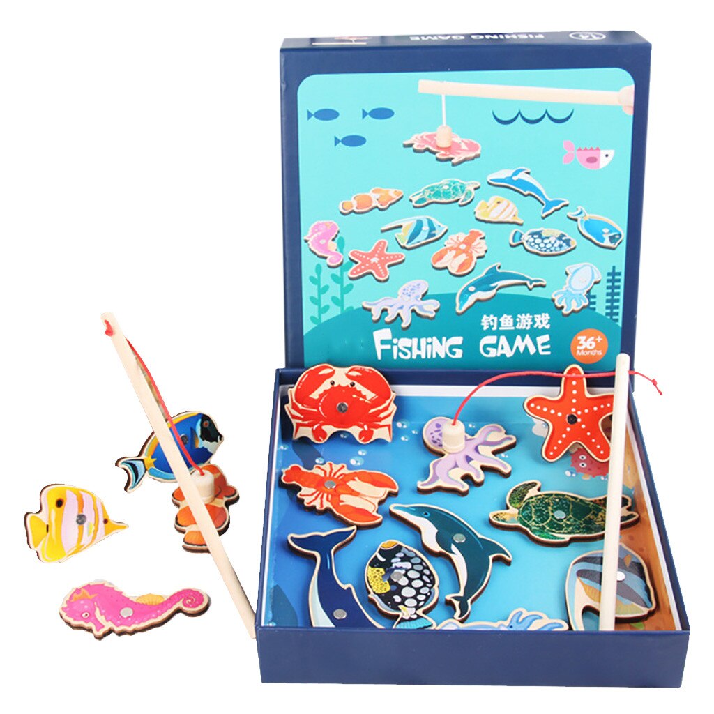 41Pcs Fish Wooden Magnetic Fishing Toy Set Fish Game Educational Fishing Toy Magnetic Rod Toy Outdoor Fun Toy For Kid: 14 PCS