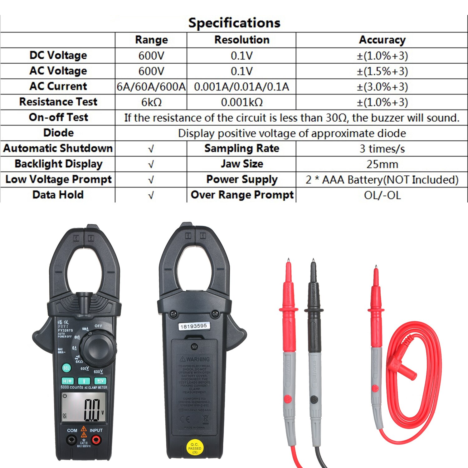 FUYI AC Clamp Meter 6000 Count High Precise Automatic Ranges Clamp Multimeter Digital Display AC Clamp Ammeter Clamp Gauge
