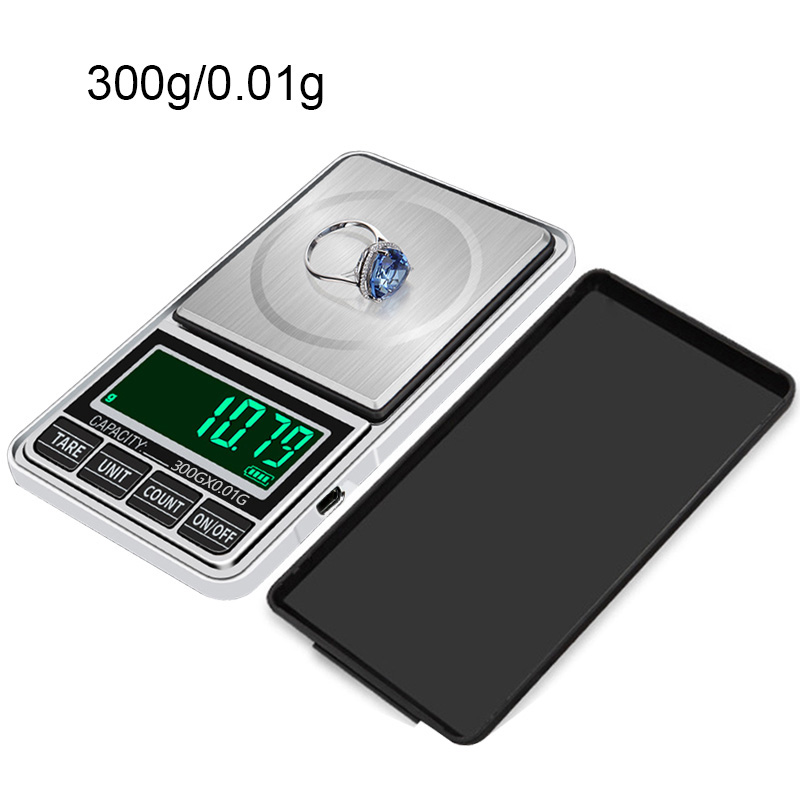 Báscula de joyería Mini, báscula Digital de bolsillo con carga USB, balanza electrónica de precisión de 100g/200g/300g/500g 0,01g, báscula de peso LCD: 300g-0.01g