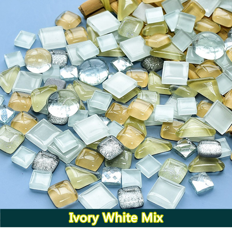 Perles de mosaïque en verre multicolores de 300g/10.58oz, rondes/triangles/carrées, pierres de mosaïque brillantes pour bricolage: Ivory White Mix