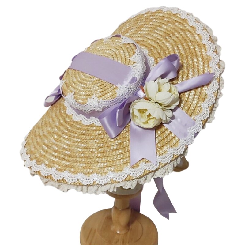 Japanese Lolita Sweet Handmade Straw Sun Hat Lace Patchwork Ribbon Bandage Bowknot Wide Brim Tea Party Flat Cap: PL