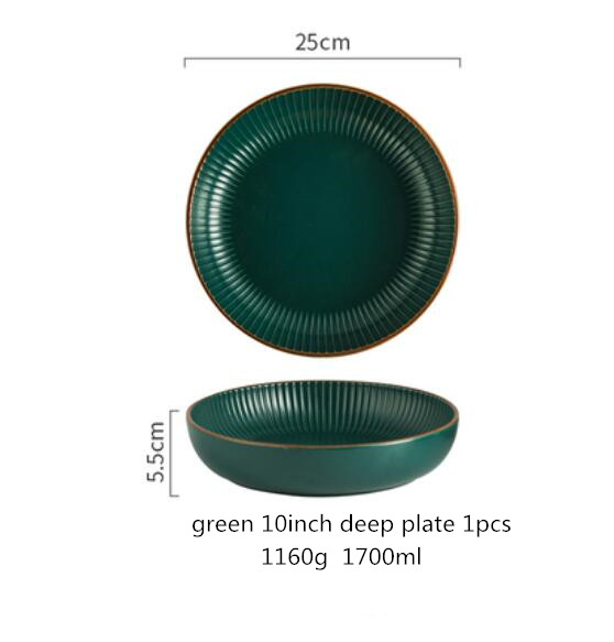 Green And Beige Matte Ceramic Steak Food Plate Nordic Style Tableware Bowl Ins Dinner Dish High End Porcelain Dinnerware: g 10inch deep plate