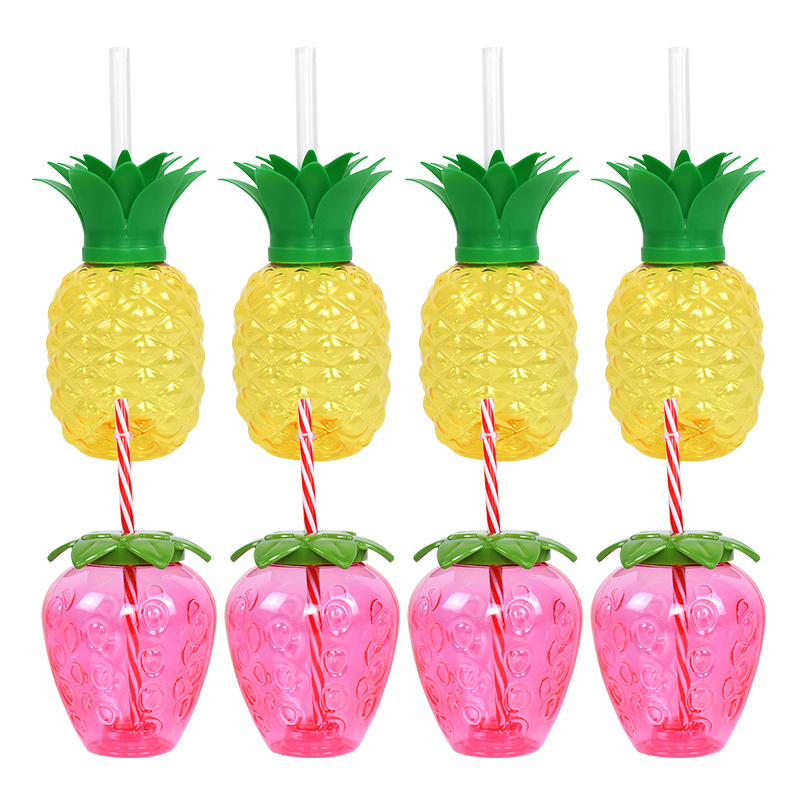 Vasos de piña de plástico con pajita y fresa para beber, 8 piezas, Hawaiano, Luau, decoración de Tropical, suministros de cumpleaños de playa de verano
