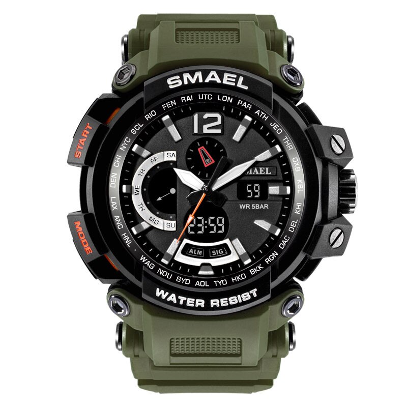 Snelle Levering Smael Mannen Sport Shock Horloge 30M Waterdicht Mannen Klok Dual Display Analoge Digitale Led Elektronische Horloges: Army Green 