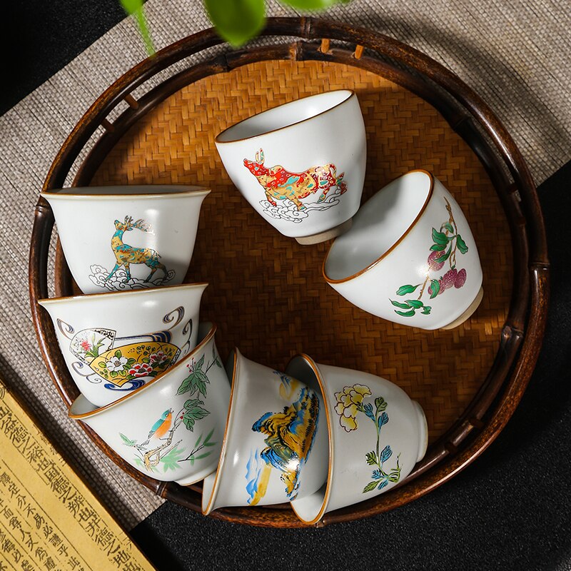 Taza de té China pintada a mano, juego de cerámica hecho a mano, taza maestra, tazón de té, taza individual portátil Personal, 4 piezas