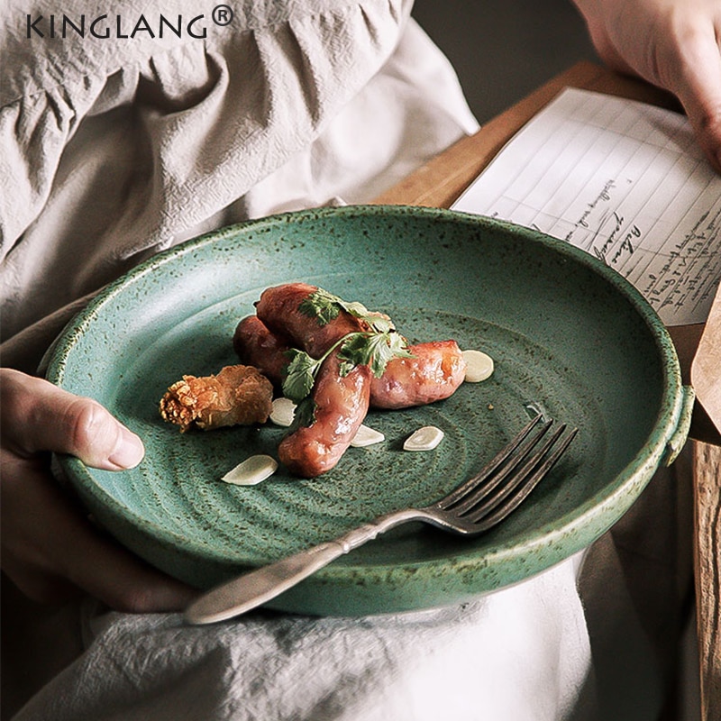 Kinglangjapanese retro plade med håndtag restaurant bordservice familie rund fad gylden tallerken vestlig aftensmad