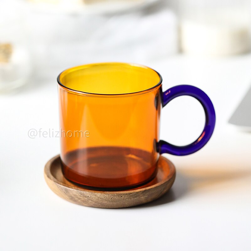 contrast color heat-resistant glass mug hanging ear coffee cup office household water cup high temperature resistance: Amber cup  Coaster