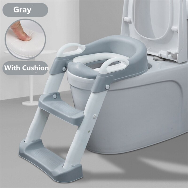Baby Potty Training Seat Folding Children Pot Infant Baby Potty Seat with Ladder Baby Toilet Training Chair for Baby Boys Girls: Gray with Cushion