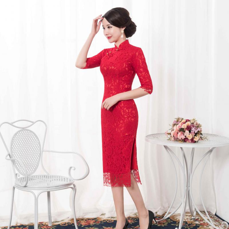 Sexy kanten jonge dame dobby cheongsam chinese traditionele mandarijn kraag vintage qipao slanke middellange vestidos oversized