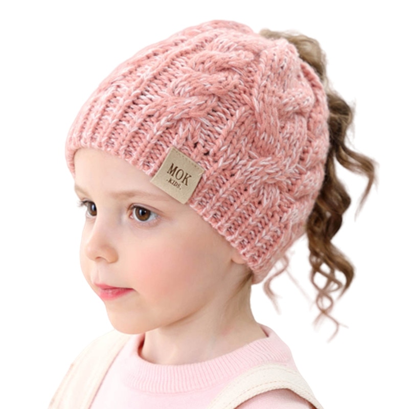 Bonnets en queue de cheval pour enfants, chapeau tricoté pour filles, unisexe, couleur unie,
