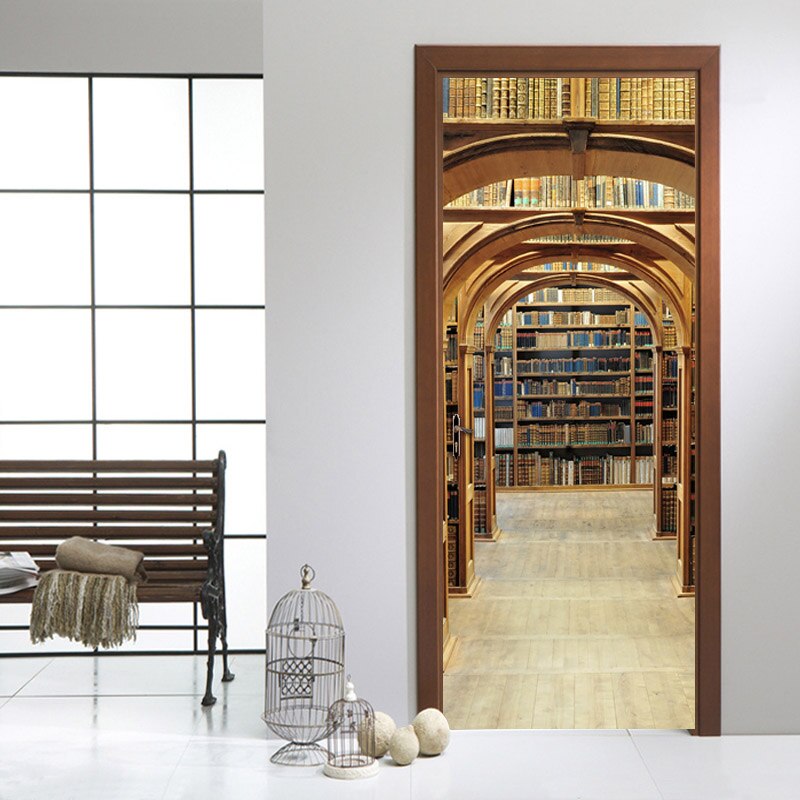 PVC Self Adhesive Waterproof Door Sticker Living Room Bookshelf Mural Wallpaper 3D Stereo Space Study Room Door Mural Decal: 77x200cm