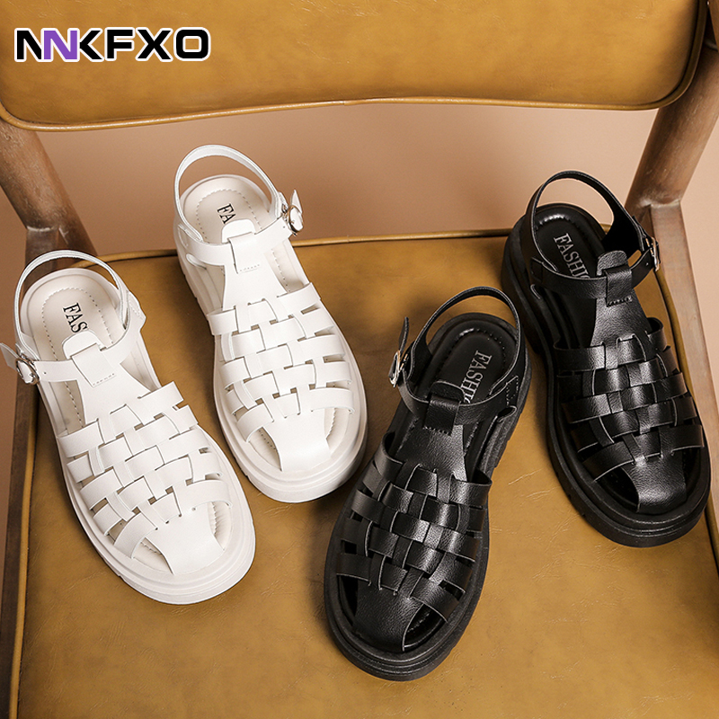 Vrouwen Sandalen Zomer Platte Platform Weave Sandaal Chunky Bodem Leer Mode Vrouwelijke Slippers Gesp Dames Schoenen